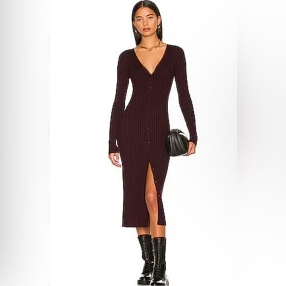 LITA BY CIARA NWT ICON RIB V-NECK CARDIGAN DRESS MERINO CHOCOLATE TRUFFLE MEDIUM - Picture 1 of 7